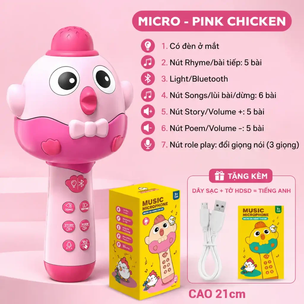 Micro karaoke không dây cho bé màu hồng