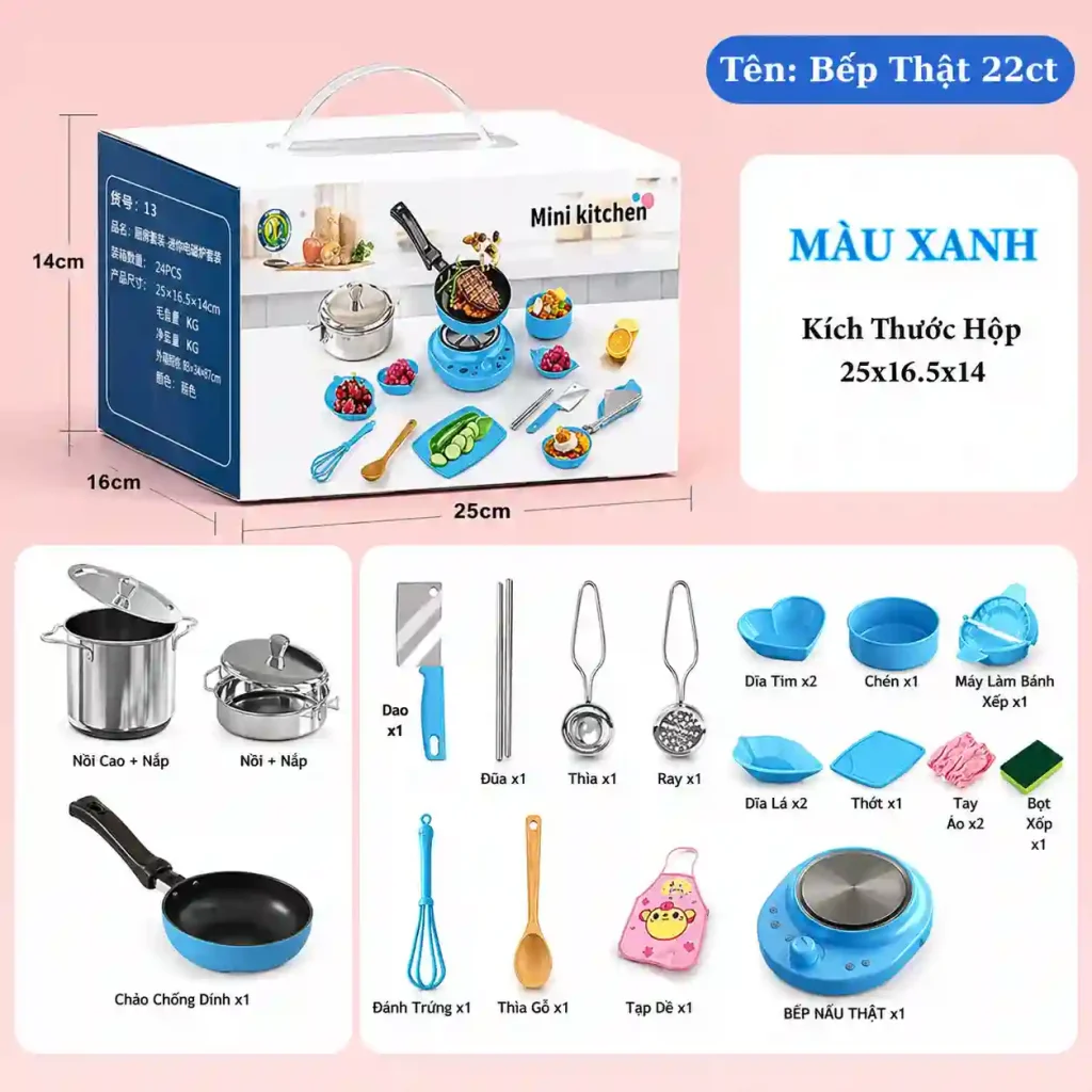 Bộ Đồ Chơi Nhà Bếp 22 Chi Tiết Cho Bé Có Bếp Nấu Thật Mini, Đồ Chơi Nấu Ăn Bé Gái