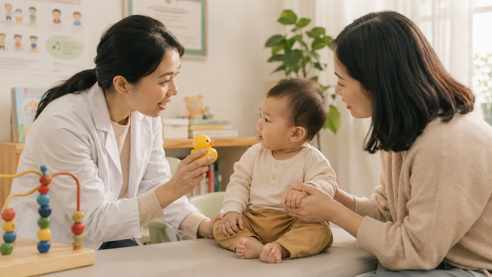Bác sĩ nhi khoa khám đánh giá phát triển ngôn ngữ bé 1 tuổi tại phòng khám