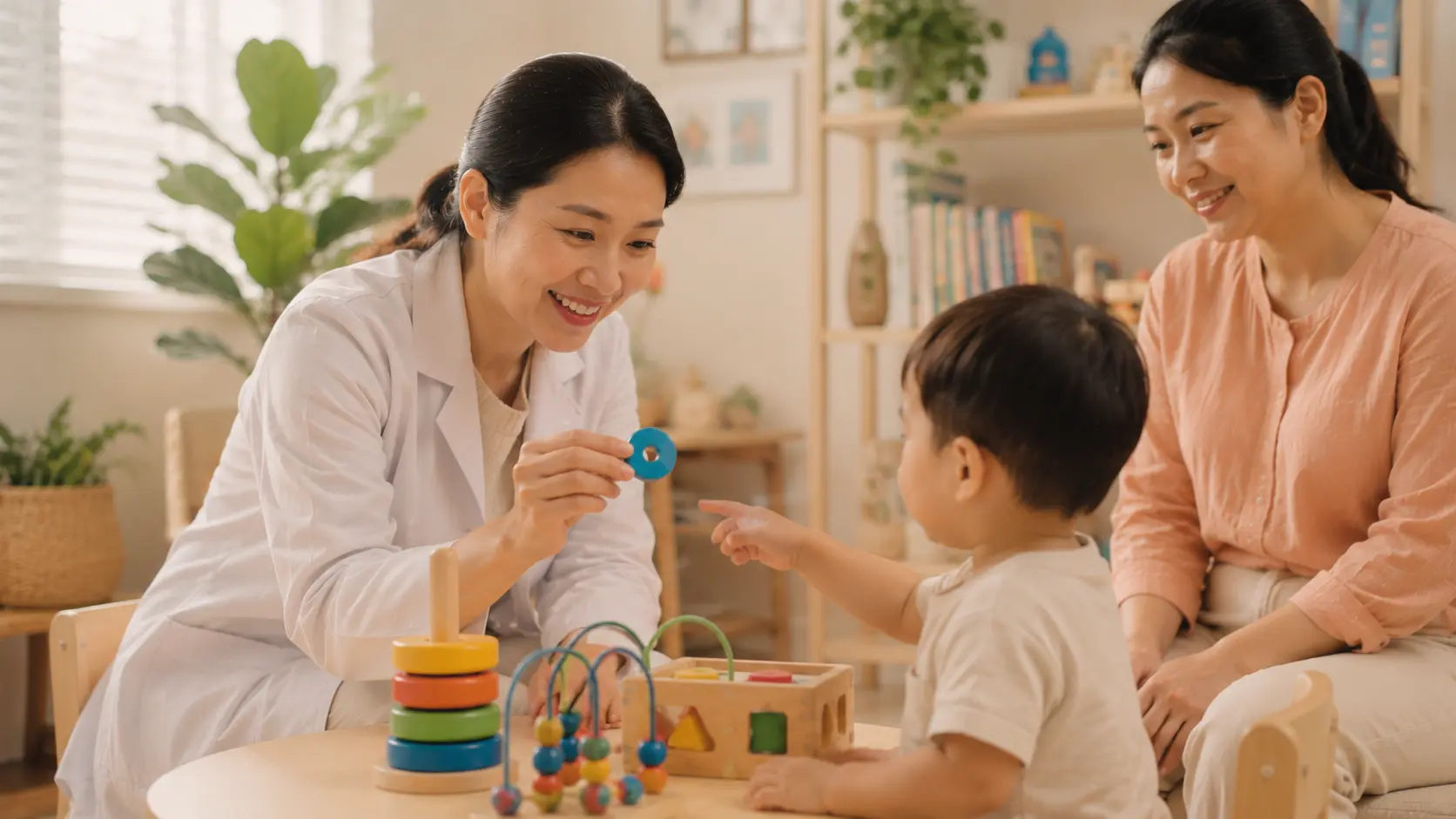 Bác sĩ phát triển hành vi nhi tương tác với bé trong quá trình đánh giá