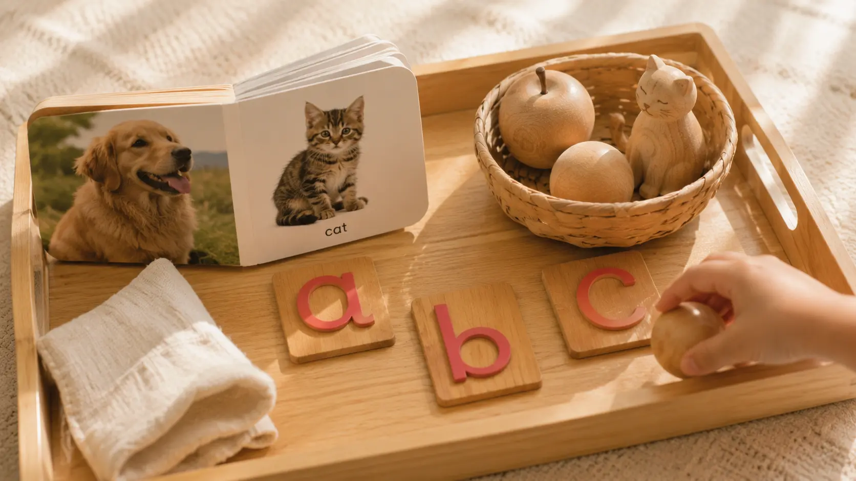 Mẹ và bé học Montessori tại nhà - đồ chơi gỗ trên kệ thấp