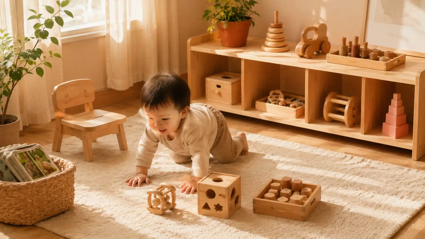 Bé 1 tuổi chơi đồ chơi gỗ Montessori - kích thích phát triển toàn diện